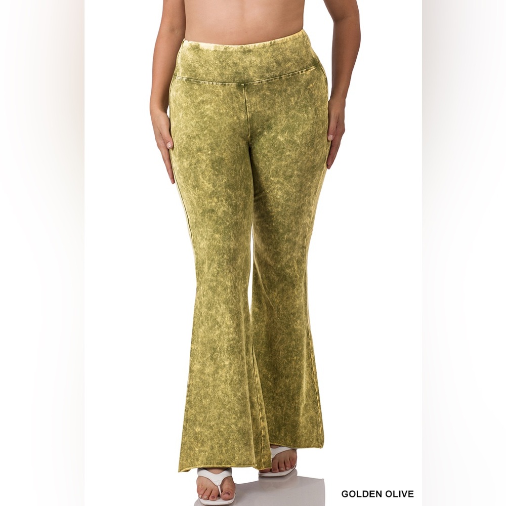 Zenana mineral washed Plus Size Golden Olive Flare Pants